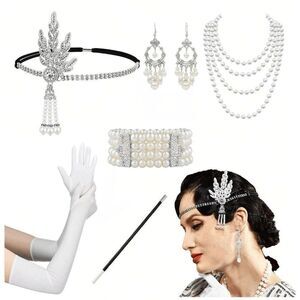 🤍✨ 6PCS 1920s White Accessories Flapper Great Gatsby Retro Costume Set NEW